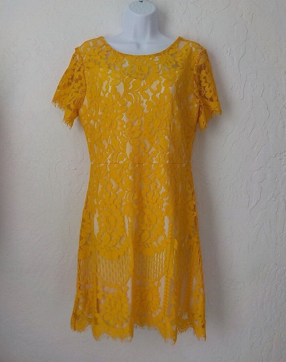 MSLG Yellow Floral Lace Dress Women Large ALine Knee Length Zip Up Lined V Back